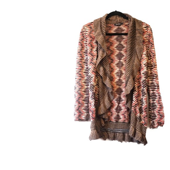 Nic + Zoe Size M Ruffled Trim silk loose knit Sweater Cardigan tiger palette - Picture 3 of 5